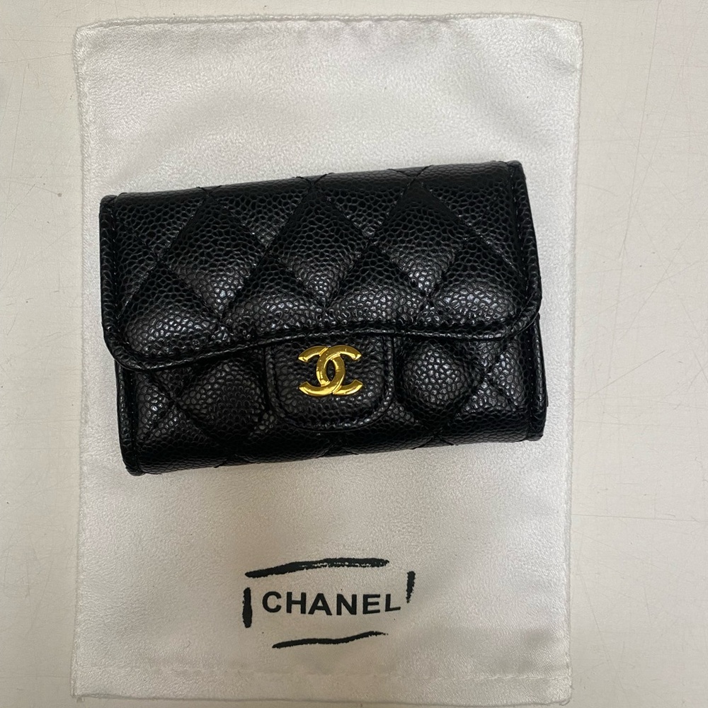 CHANEL Black Quilted Caviar Leather Mini Wallet with Gold CC